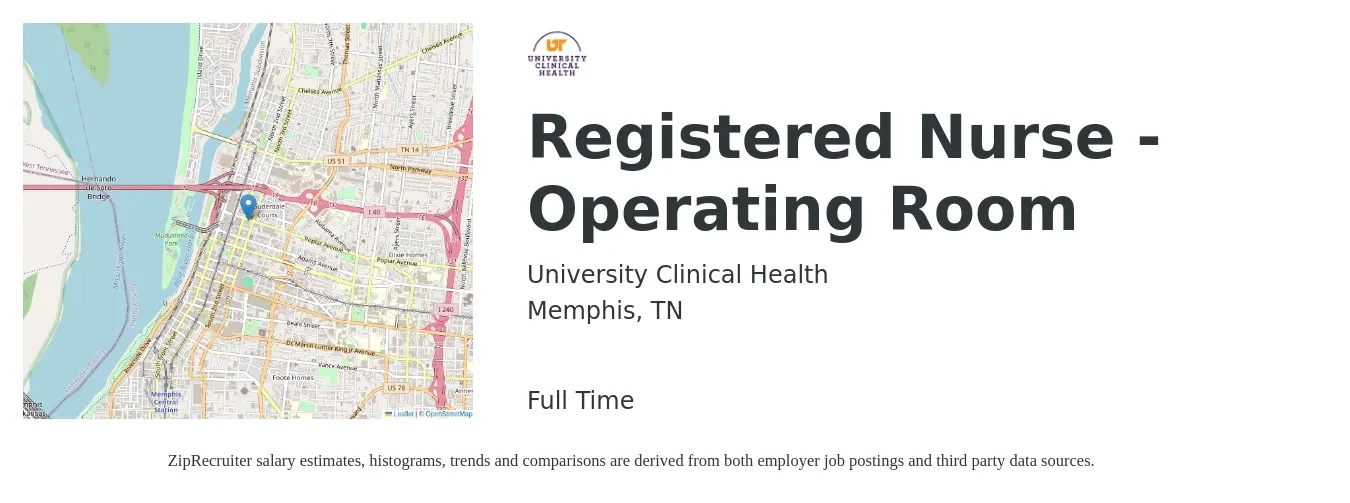 University Clinical Health job posting for a Registered Nurse - Operating Room in Memphis, TN with a salary of $1,810 to $2,820 Weekly with a map of Memphis location.