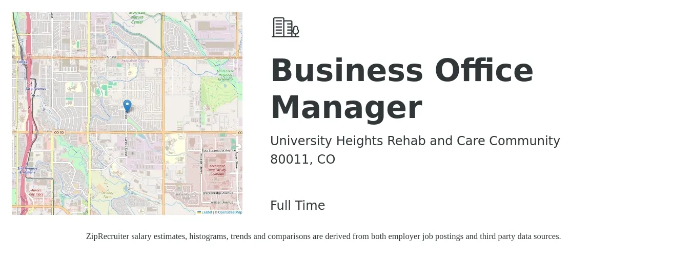 University Heights Rehab and Care Community job posting for a Business Office Manager in 80011, CO with a salary of $24 to $34 Hourly with a map of 80011 location.