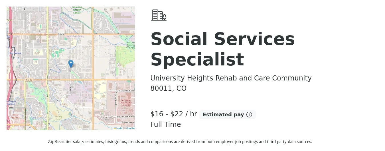 University Heights Rehab and Care Community job posting for a Social Services Specialist in 80011, CO with a salary of $17 to $23 Hourly with a map of 80011 location.