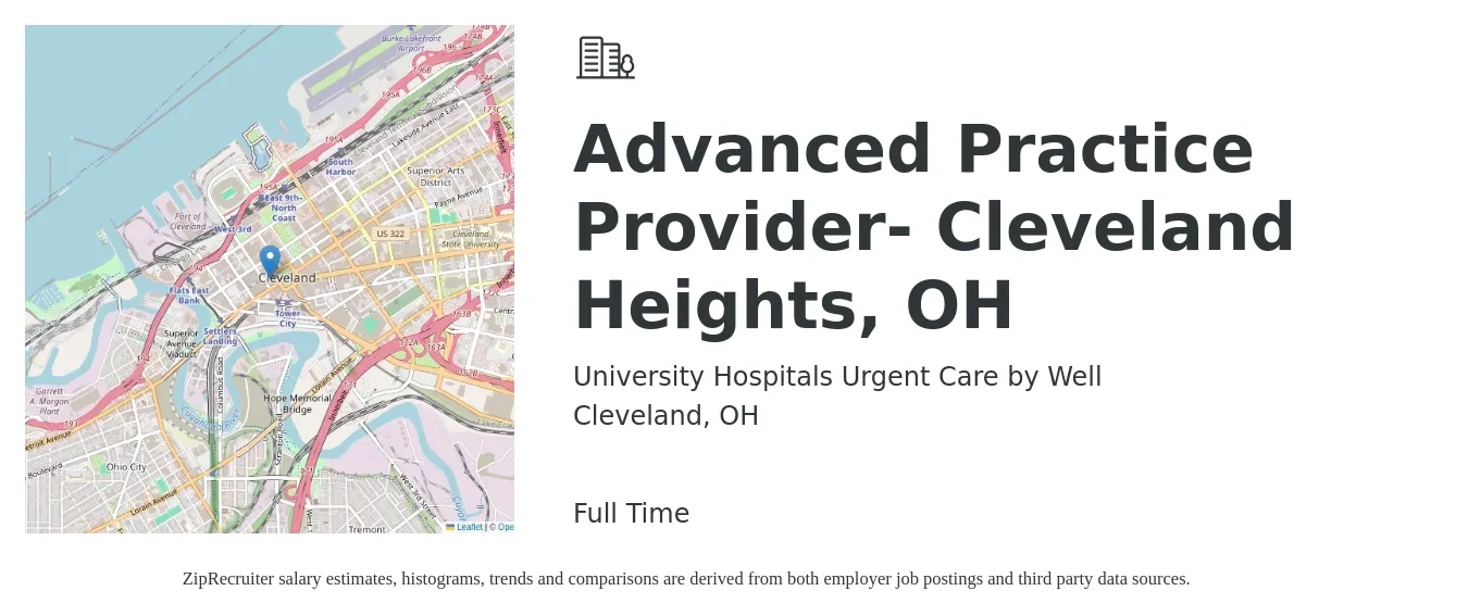 University Hospitals Urgent Care by Well job posting for a Advanced Practice Provider- Cleveland Heights, OH in Cleveland, OH with a salary of $101,600 to $131,500 Yearly with a map of Cleveland location.