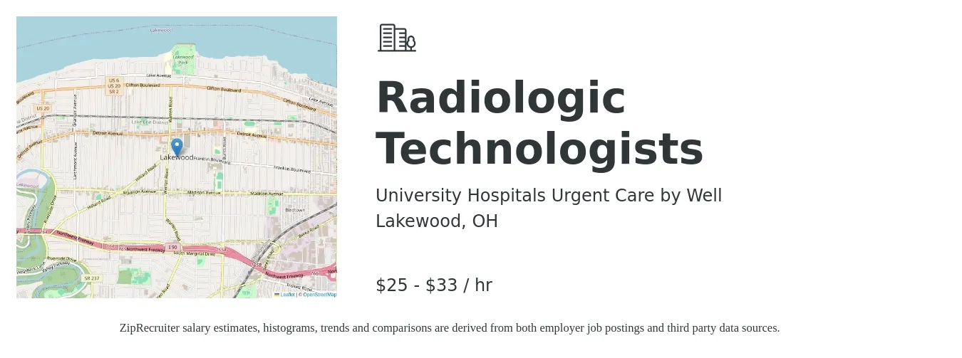 University Hospitals Urgent Care by Well job posting for a Radiologic Technologists in Lakewood, OH with a salary of $27 to $35 Hourly with a map of Lakewood location.
