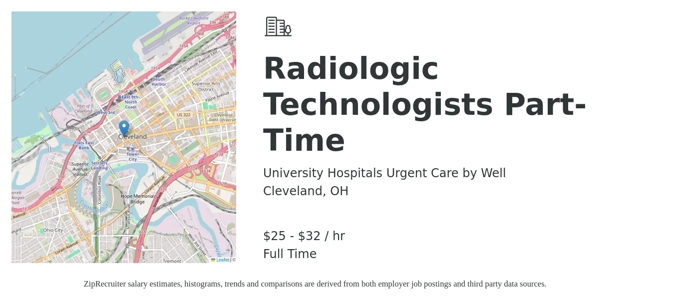 University Hospitals Urgent Care by Well job posting for a Radiologic Technologists Part-Time in Cleveland, OH with a salary of $27 to $35 Hourly with a map of Cleveland location.