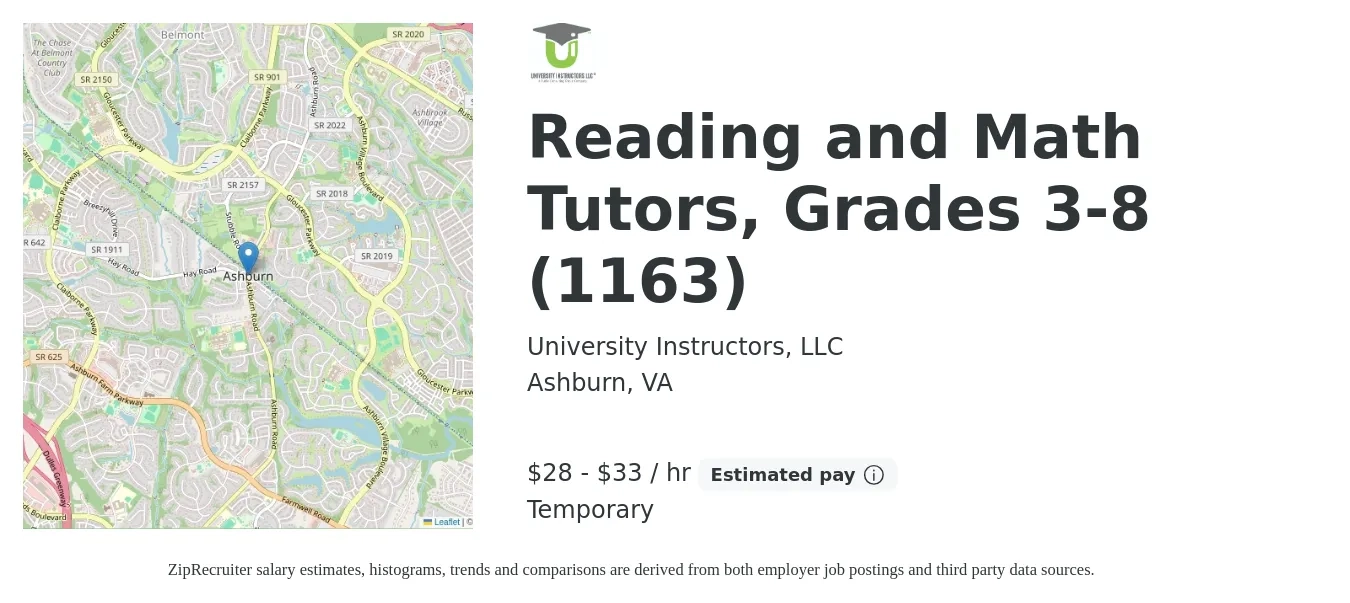 University Instructors, LLC job posting for a Reading and Math Tutors, Grades 3-8 (1163) in Ashburn, VA with a salary of $30 to $35 Hourly with a map of Ashburn location.