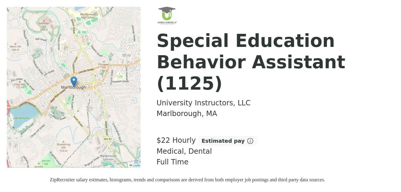 University Instructors, LLC job posting for a Special Education Behavior Assistant (1125) in Marlborough, MA with a salary of $23 Hourly and benefits including medical, pto, and dental with a map of Marlborough location.