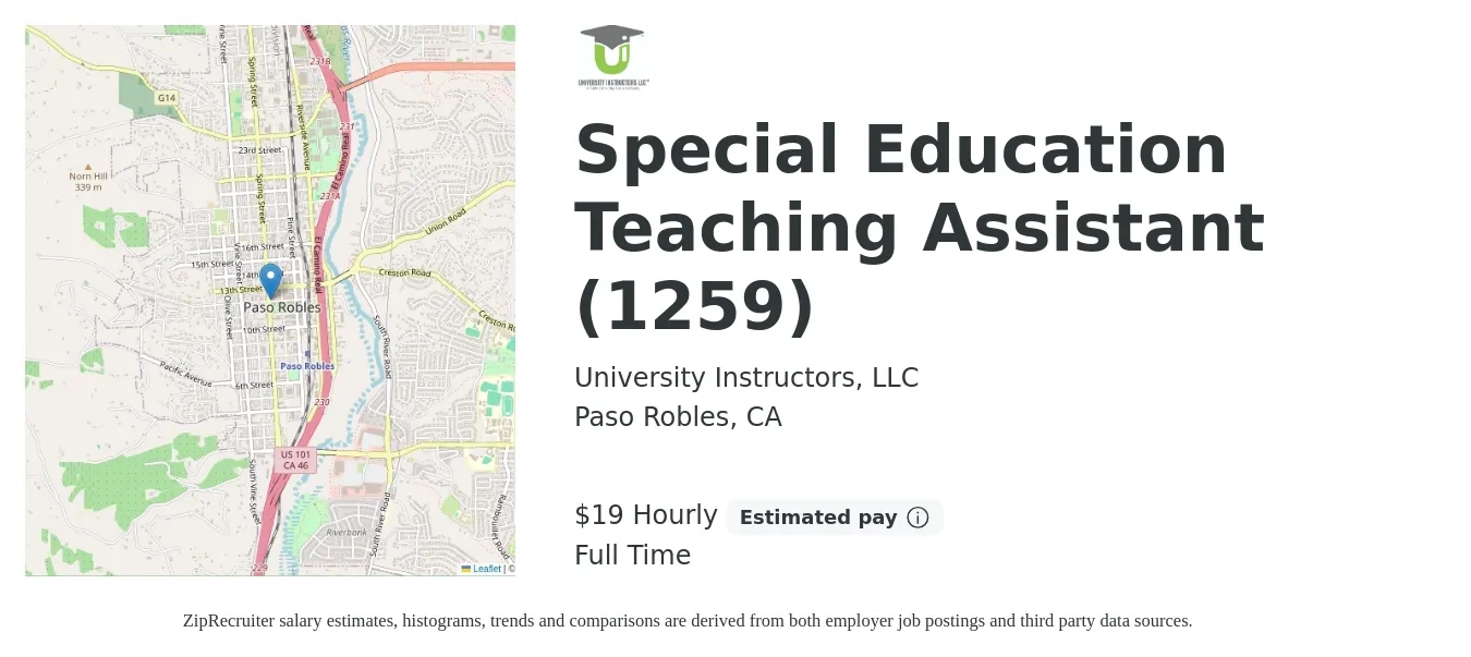 University Instructors, LLC job posting for a Special Education Teaching Assistant (1259) in Paso Robles, CA with a salary of $20 Hourly with a map of Paso Robles location.