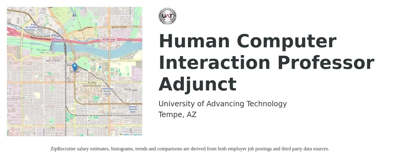 University of Advancing Technology job posting for a Human Computer Interaction Professor Adjunct in Tempe, AZ with a salary of $3,000 Weekly with a map of Tempe location.
