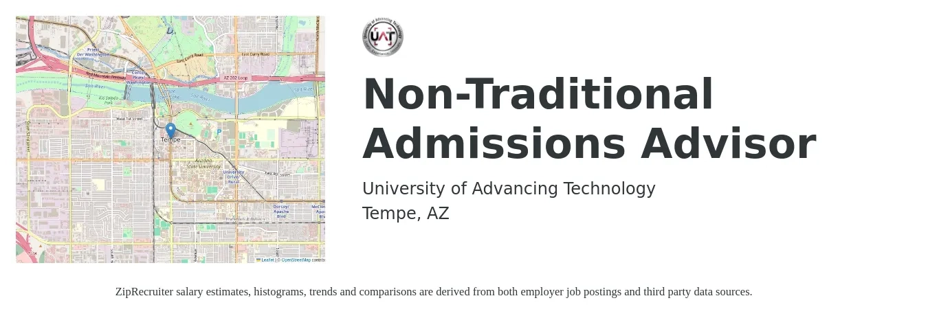 University of Advancing Technology job posting for a Non-Traditional Admissions Advisor in Tempe, AZ with a salary of $40,000 to $50,000 Yearly with a map of Tempe location.
