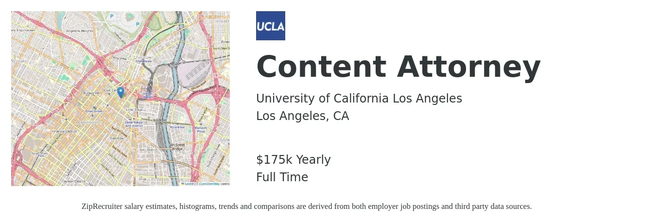 University of California Los Angeles job posting for a Content Attorney in Los Angeles, CA with a salary of $175,000 Yearly with a map of Los Angeles location.