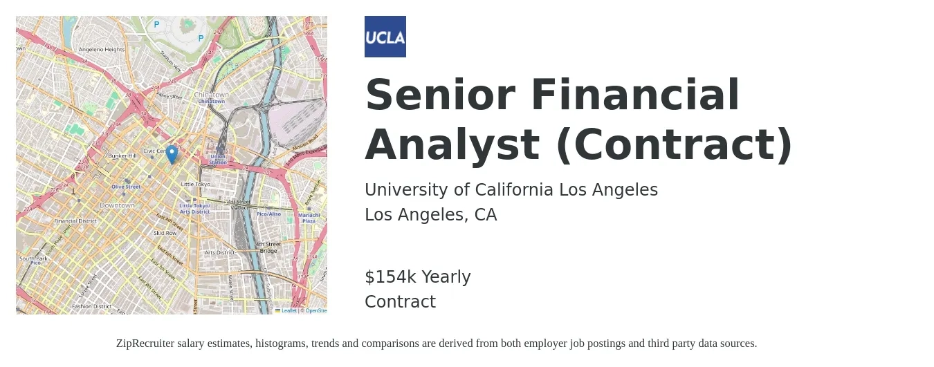 University of California Los Angeles job posting for a Senior Financial Analyst (Contract) in Los Angeles, CA with a salary of $154,900 Yearly with a map of Los Angeles location.