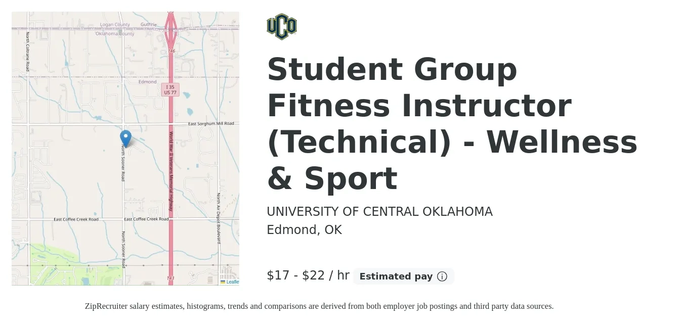 UNIVERSITY OF CENTRAL OKLAHOMA job posting for a Student Group Fitness Instructor (Technical) - Wellness & Sport in Edmond, OK with a salary of $18 to $23 Hourly with a map of Edmond location.