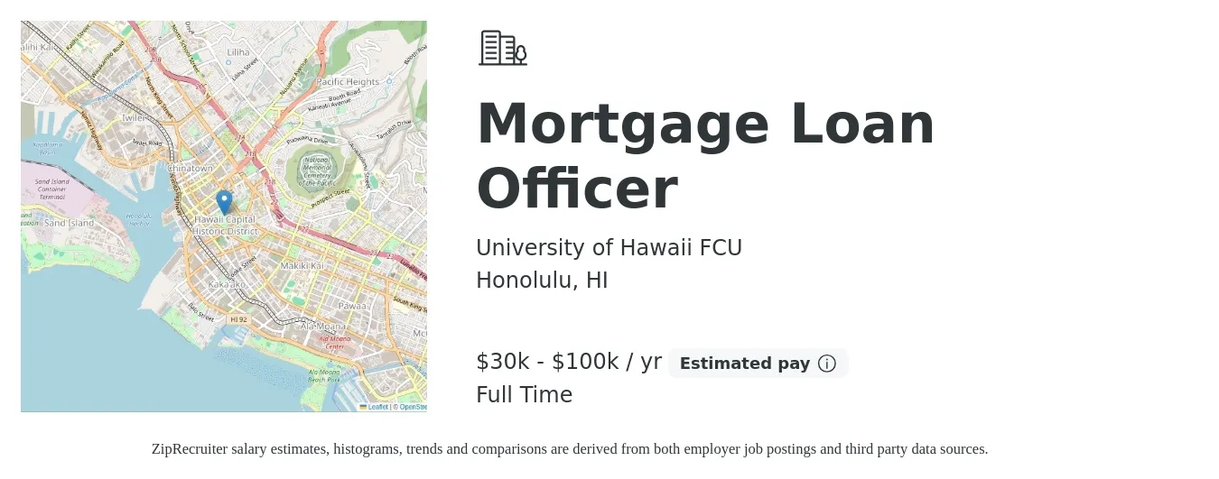 University of Hawaii FCU job posting for a Mortgage Loan Officer in Honolulu, HI with a salary of $30,000 to $100,000 Yearly with a map of Honolulu location.