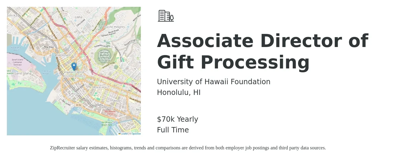University of Hawaii Foundation job posting for a Associate Director of Gift Processing in Honolulu, HI with a salary of $70,000 Yearly with a map of Honolulu location.