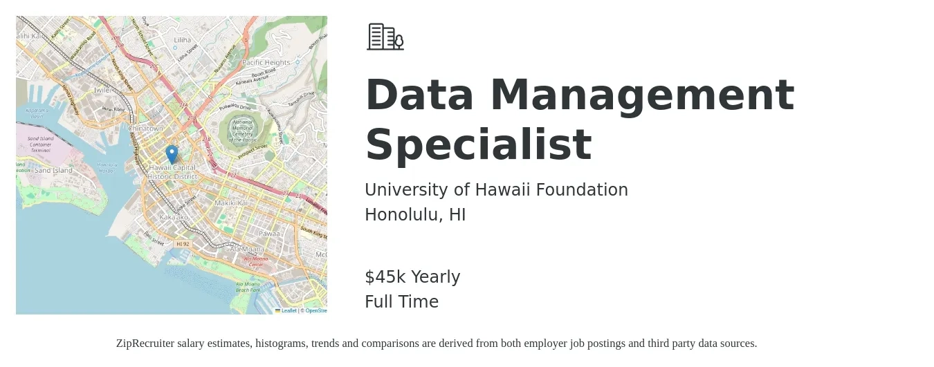 University of Hawaii Foundation job posting for a Data Management Specialist in Honolulu, HI with a salary of $45,000 Yearly with a map of Honolulu location.