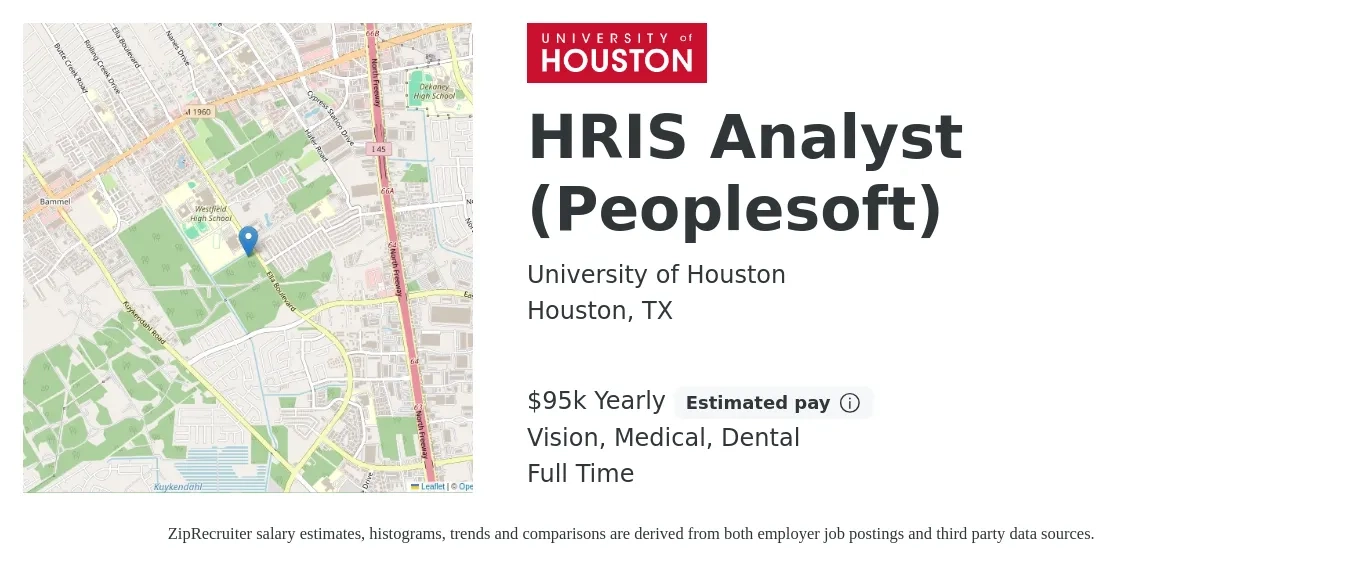 University of Houston job posting for a HRIS Analyst (Peoplesoft) in Houston, TX with a salary of $95,000 Yearly and benefits including retirement, vision, dental, life_insurance, medical, and pto with a map of Houston location.
