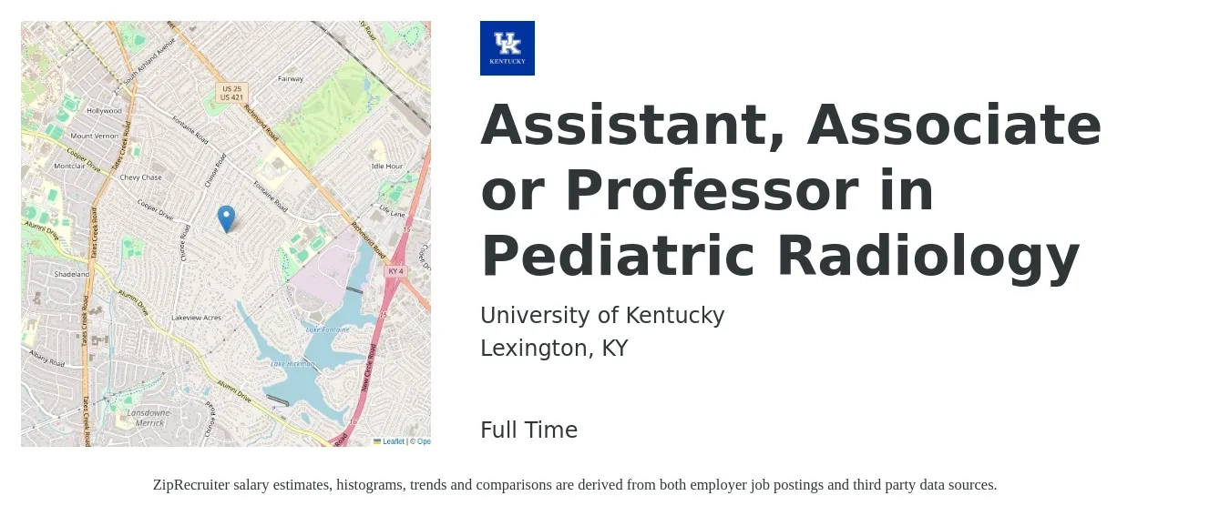 University of Kentucky job posting for a Assistant, Associate or Professor in Pediatric Radiology in Lexington, KY with a salary of $52,000 to $99,100 Yearly with a map of Lexington location.