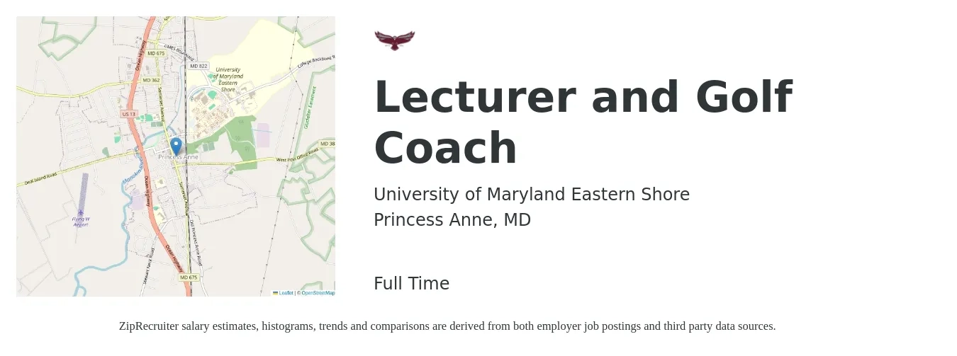 University of Maryland Eastern Shore job posting for a Lecturer and Golf Coach in Princess Anne, MD with a salary of $43,700 to $77,000 Yearly with a map of Princess Anne location.