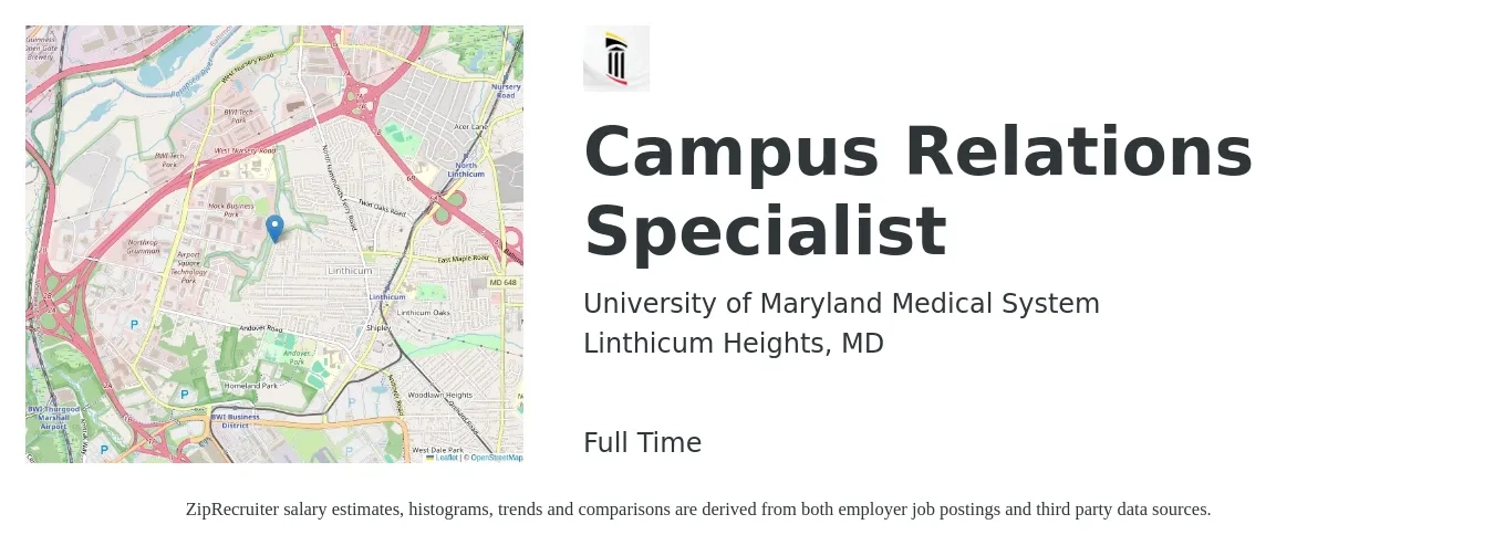 University of Maryland Medical System job posting for a Campus Relations Specialist in Linthicum Heights, MD with a salary of $46,100 to $83,200 Yearly with a map of Linthicum Heights location.