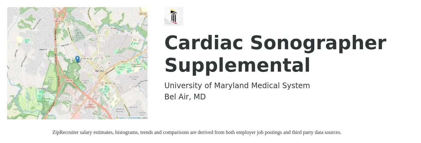 University of Maryland Medical System job posting for a Cardiac Sonographer Supplemental in Bel Air, MD with a salary of $31 to $49 Hourly with a map of Bel Air location.