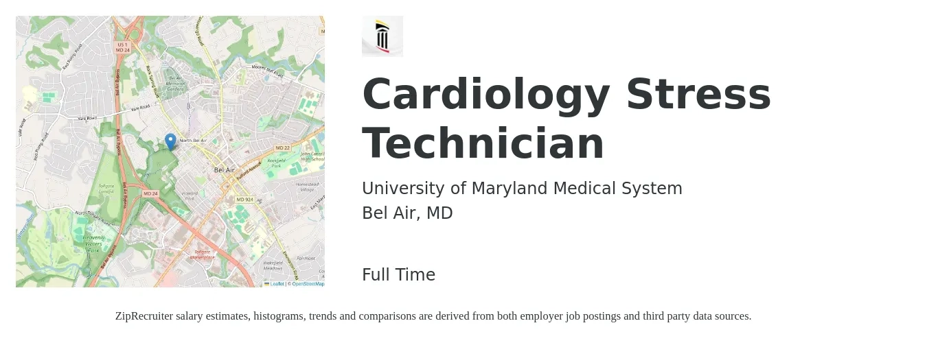 University of Maryland Medical System job posting for a Cardiology Stress Technician in Bel Air, MD with a salary of $22 to $40 Hourly with a map of Bel Air location.