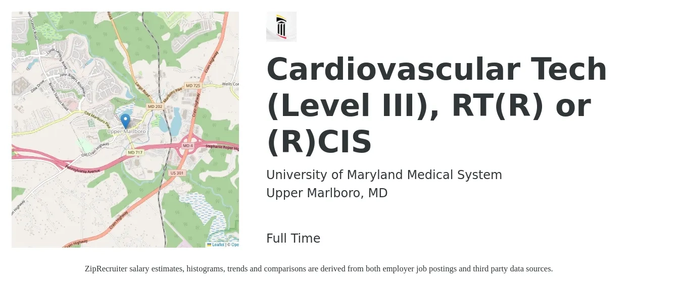 University of Maryland Medical System job posting for a Cardiovascular Tech (Level III), RT(R) or (R)CIS in Upper Marlboro, MD with a salary of $22 to $41 Hourly with a map of Upper Marlboro location.