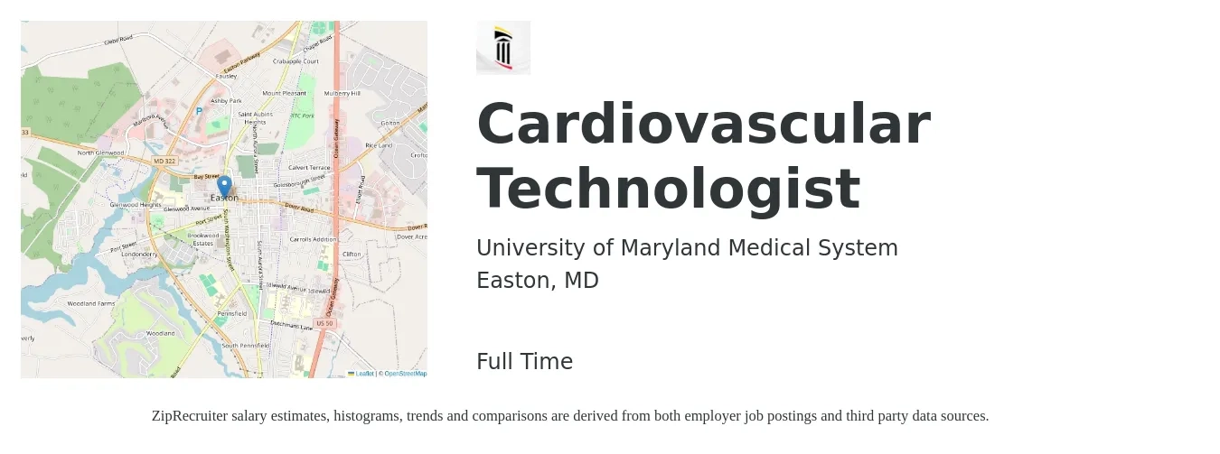 University of Maryland Medical System job posting for a Cardiovascular Technologist in Easton, MD with a salary of $2,160 to $2,970 Weekly with a map of Easton location.