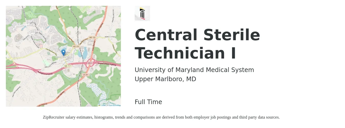 University of Maryland Medical System job posting for a Central Sterile Technician I in Upper Marlboro, MD with a salary of $20 to $33 Hourly with a map of Upper Marlboro location.