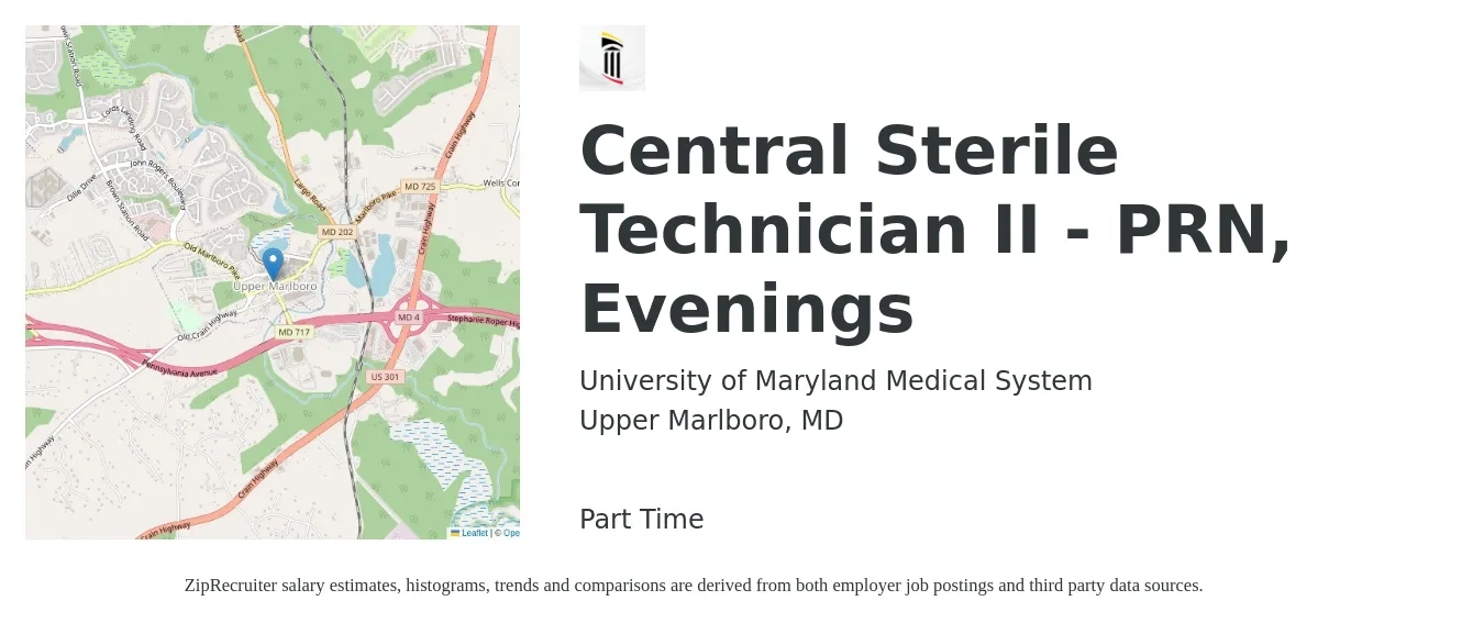 University of Maryland Medical System job posting for a Central Sterile Technician II - PRN, Evenings in Upper Marlboro, MD with a salary of $20 to $33 Hourly with a map of Upper Marlboro location.