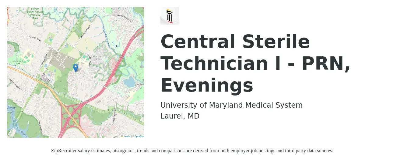University of Maryland Medical System job posting for a Central Sterile Technician l - PRN, Evenings in Laurel, MD with a salary of $20 to $33 Hourly with a map of Laurel location.