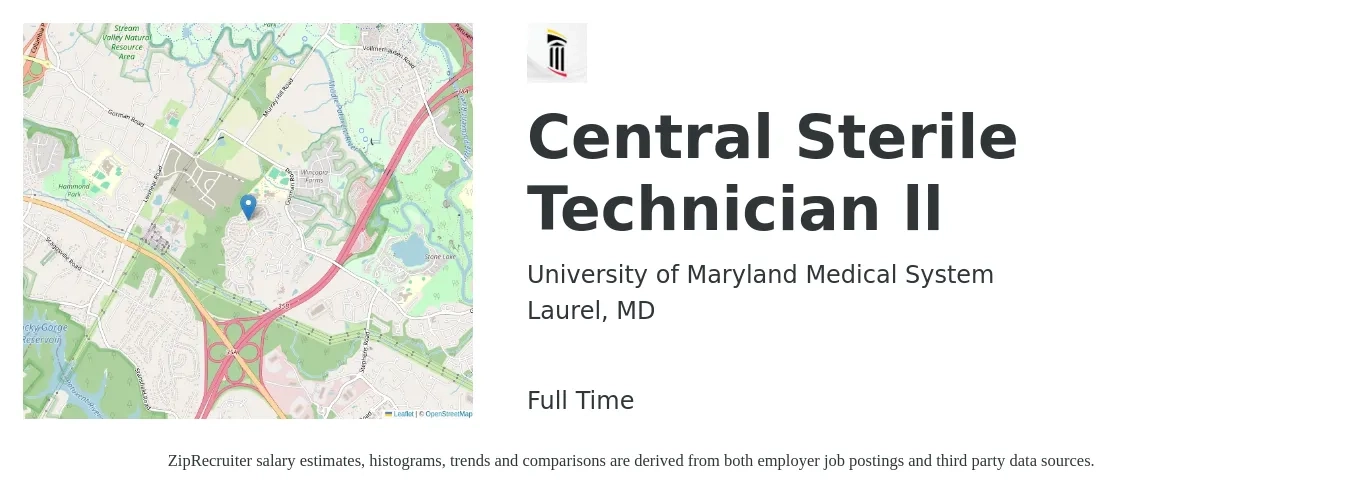 University of Maryland Medical System job posting for a Central Sterile Technician ll in Laurel, MD with a salary of $20 to $33 Hourly with a map of Laurel location.