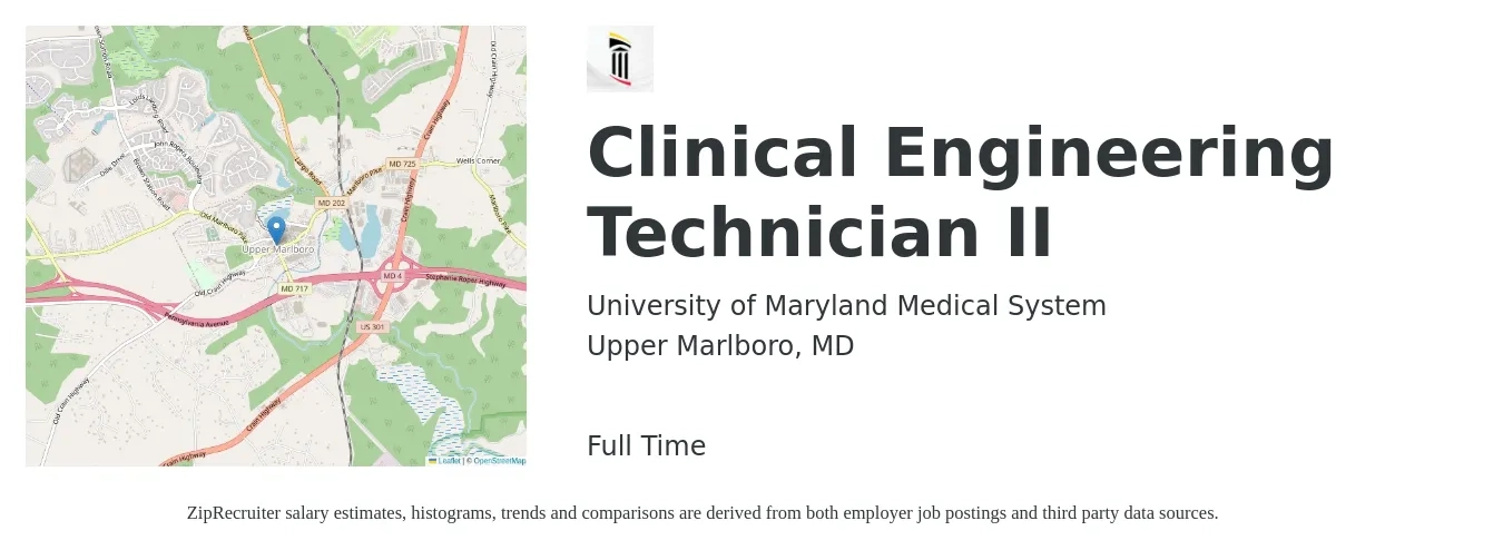 University of Maryland Medical System job posting for a Clinical Engineering Technician II in Upper Marlboro, MD with a salary of $19 to $24 Hourly with a map of Upper Marlboro location.