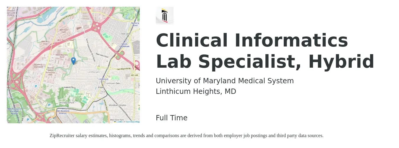 University of Maryland Medical System job posting for a Clinical Informatics Lab Specialist, Hybrid in Linthicum Heights, MD with a salary of $75,200 to $115,800 Yearly with a map of Linthicum Heights location.