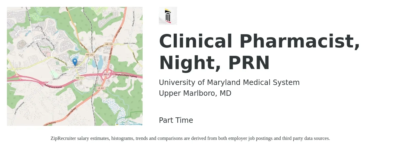 University of Maryland Medical System job posting for a Clinical Pharmacist, Night, PRN in Upper Marlboro, MD with a salary of $117,500 to $140,300 Yearly with a map of Upper Marlboro location.