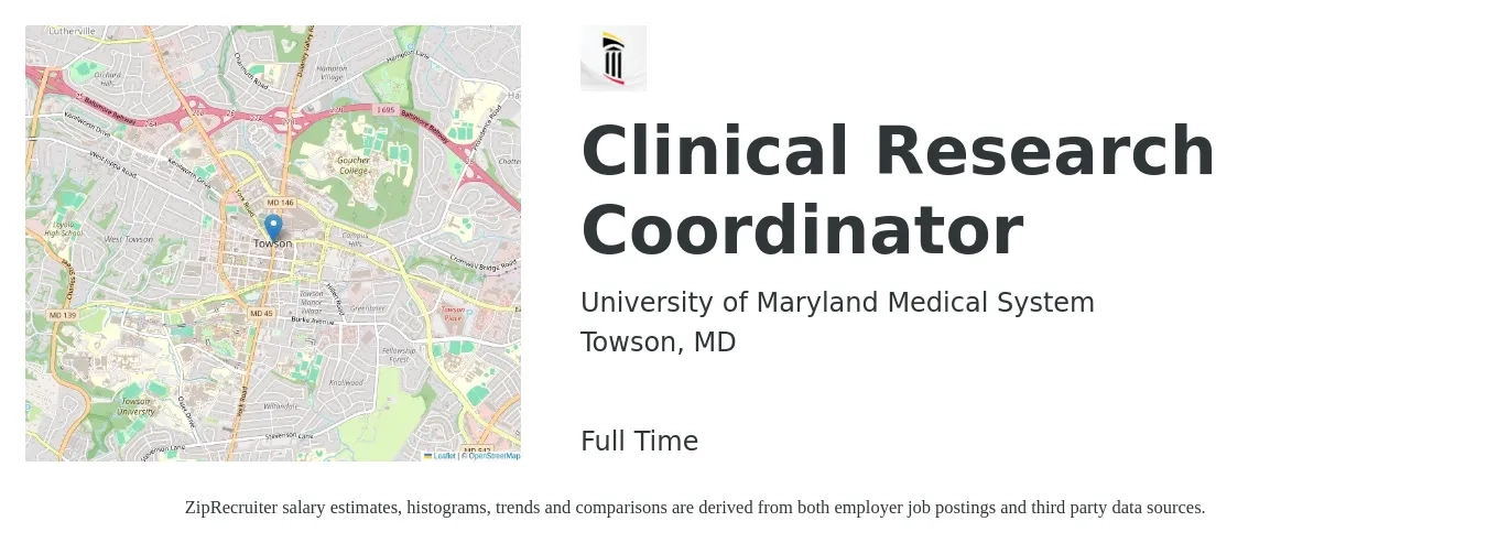University of Maryland Medical System job posting for a Clinical Research Coordinator in Towson, MD with a salary of $23 to $31 Hourly with a map of Towson location.