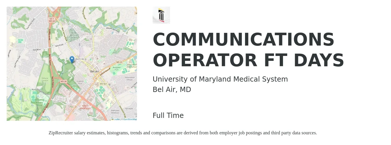 University of Maryland Medical System job posting for a COMMUNICATIONS OPERATOR FT DAYS in Bel Air, MD with a salary of $18 to $26 Hourly with a map of Bel Air location.