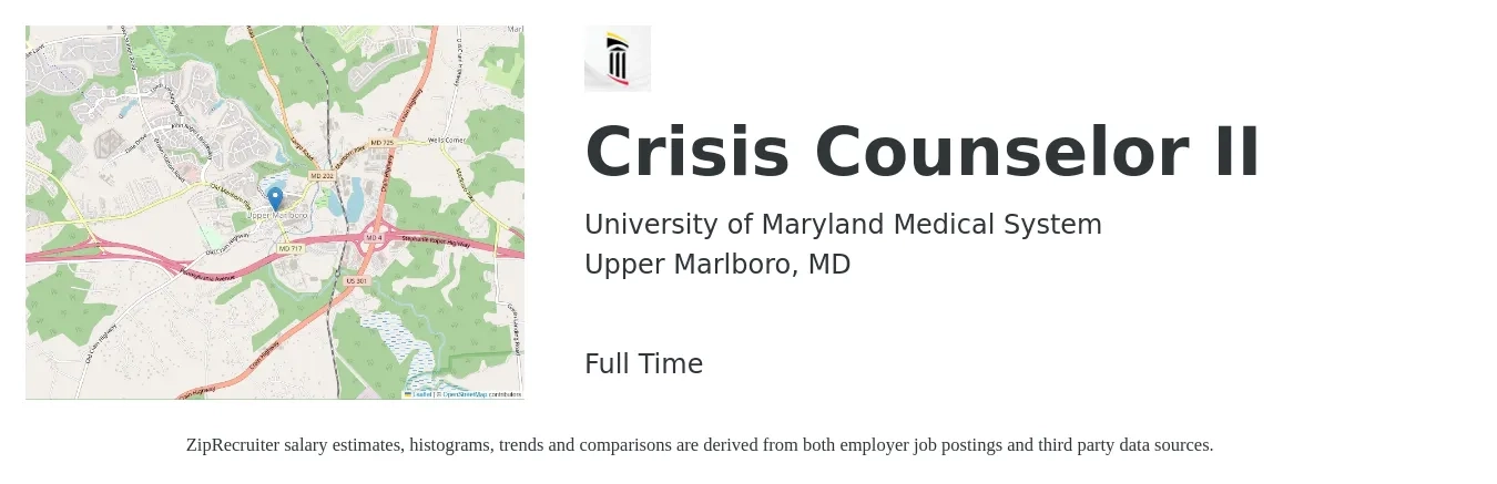 University of Maryland Medical System job posting for a Crisis Counselor II in Upper Marlboro, MD with a salary of $22 to $28 Hourly with a map of Upper Marlboro location.