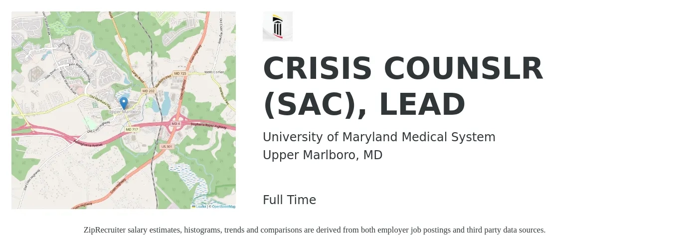 University of Maryland Medical System job posting for a CRISIS COUNSLR (SAC), LEAD in Upper Marlboro, MD with a salary of $22 to $28 Hourly with a map of Upper Marlboro location.