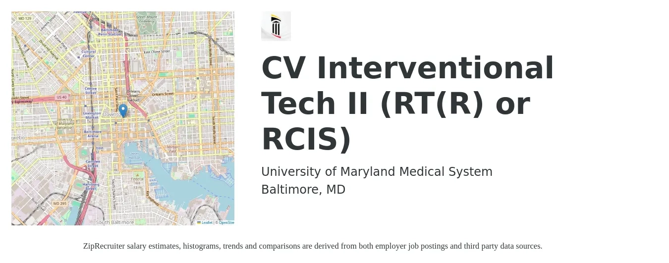 University of Maryland Medical System job posting for a CV Interventional Tech II (RT(R) or RCIS) in Baltimore, MD with a salary of $22 to $41 Hourly with a map of Baltimore location.