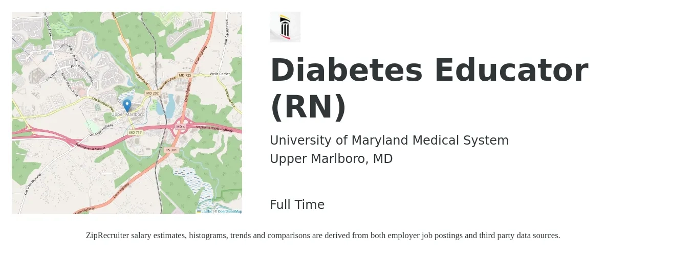 University of Maryland Medical System job posting for a Diabetes Educator (RN) in Upper Marlboro, MD with a salary of $71,400 to $122,000 Yearly with a map of Upper Marlboro location.