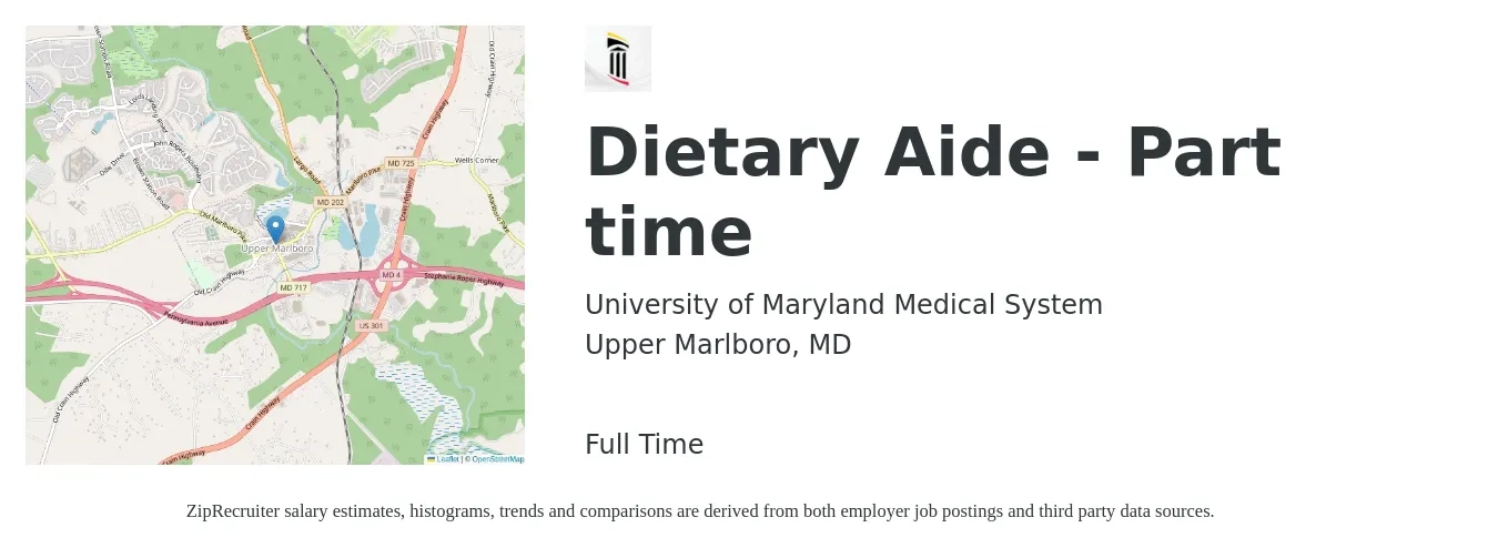 University of Maryland Medical System job posting for a Dietary Aide - Part time in Upper Marlboro, MD with a salary of $14 to $17 Hourly with a map of Upper Marlboro location.