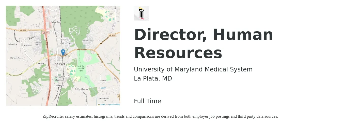 University of Maryland Medical System job posting for a Director, Human Resources in La Plata, MD with a salary of $88,700 to $136,800 Yearly with a map of La Plata location.