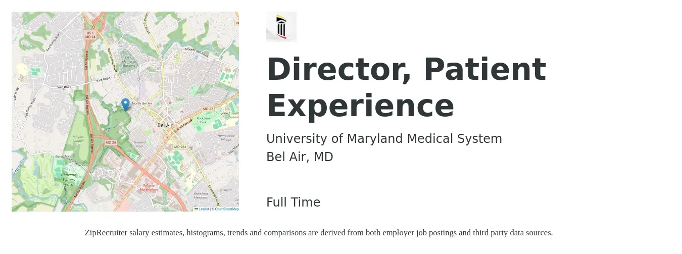 University of Maryland Medical System job posting for a Director, Patient Experience in Bel Air, MD with a salary of $95,100 to $138,800 Yearly with a map of Bel Air location.