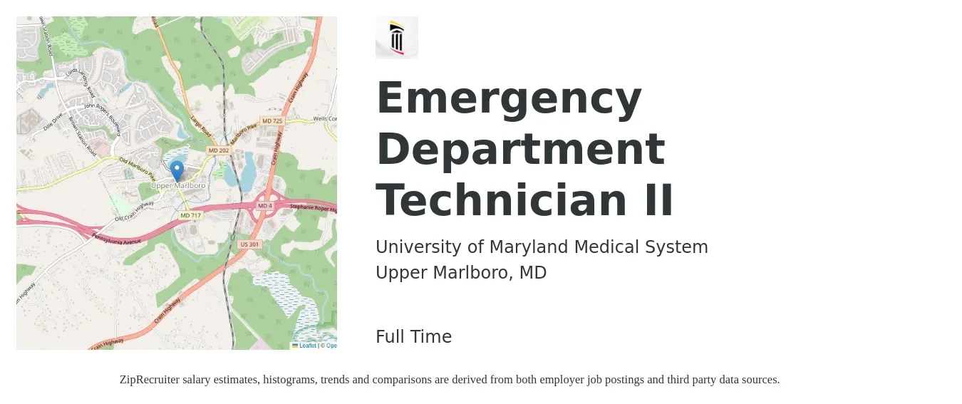 University of Maryland Medical System job posting for a Emergency Department Technician II in Upper Marlboro, MD with a salary of $18 to $24 Hourly with a map of Upper Marlboro location.