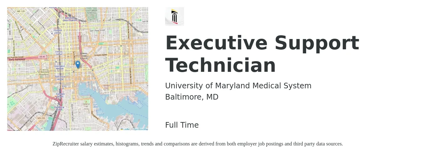 University of Maryland Medical System job posting for a Executive Support Technician in Baltimore, MD with a salary of $19 to $28 Hourly with a map of Baltimore location.