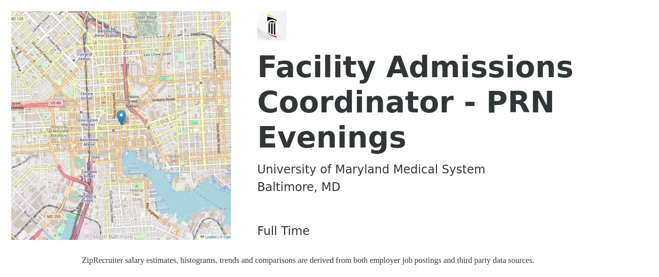 University of Maryland Medical System job posting for a Facility Admissions Coordinator - PRN Evenings in Baltimore, MD with a salary of $19 to $26 Hourly with a map of Baltimore location.
