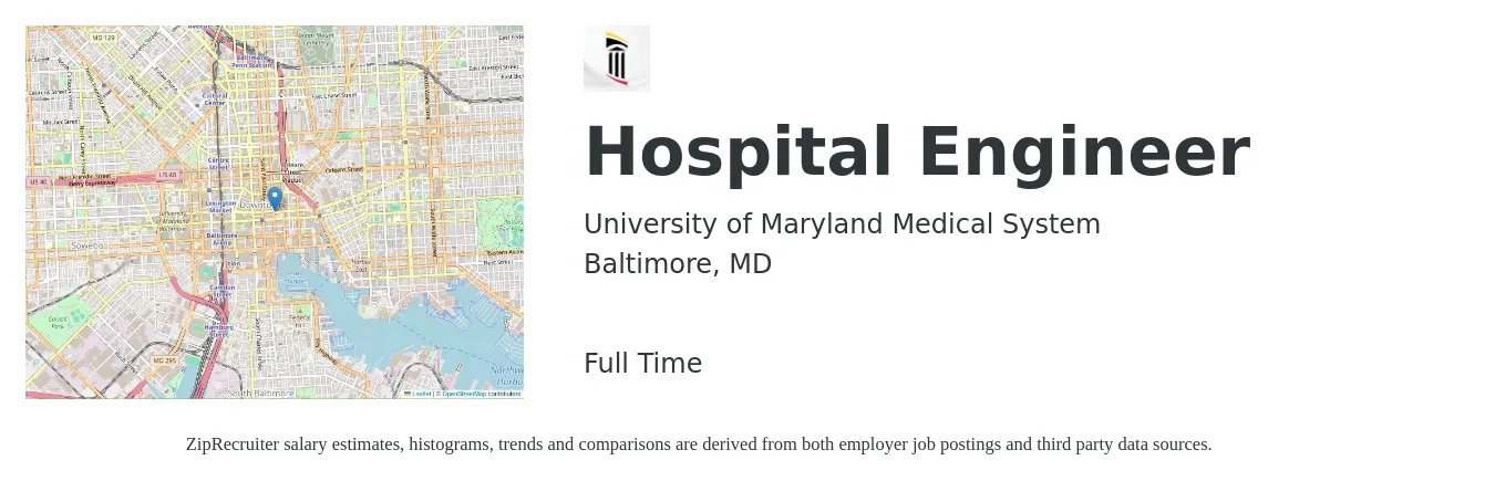University of Maryland Medical System job posting for a Hospital Engineer in Baltimore, MD with a salary of $83,500 to $115,800 Yearly with a map of Baltimore location.