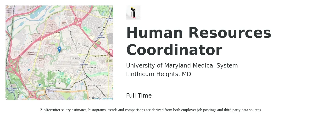 University of Maryland Medical System job posting for a Human Resources Coordinator in Linthicum Heights, MD with a salary of $21 to $28 Hourly with a map of Linthicum Heights location.