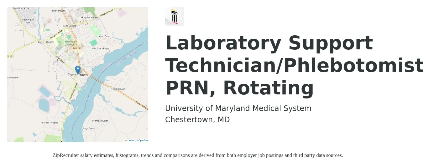 University of Maryland Medical System job posting for a Laboratory Support Technician/Phlebotomist, PRN, Rotating in Chestertown, MD with a salary of $16 to $20 Hourly with a map of Chestertown location.
