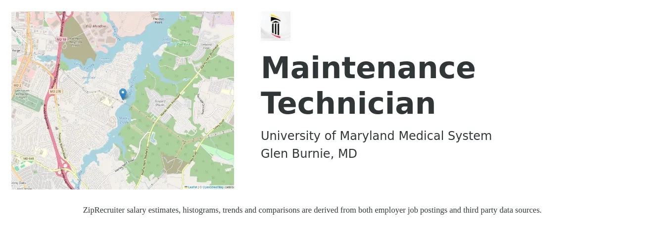 University of Maryland Medical System job posting for a Maintenance Technician in Glen Burnie, MD with a salary of $19 to $26 Hourly with a map of Glen Burnie location.