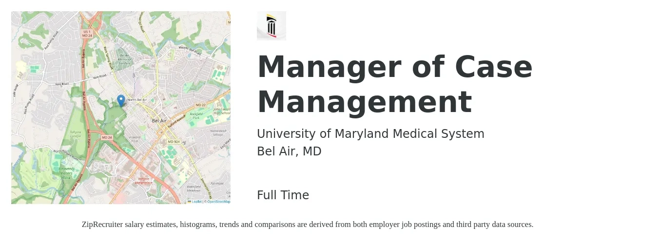 University of Maryland Medical System job posting for a Manager of Case Management in Bel Air, MD with a salary of $19 to $26 Hourly with a map of Bel Air location.