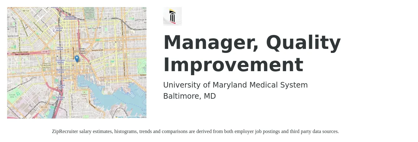 University of Maryland Medical System job posting for a Manager, Quality Improvement in Baltimore, MD with a salary of $71,000 to $104,300 Yearly with a map of Baltimore location.